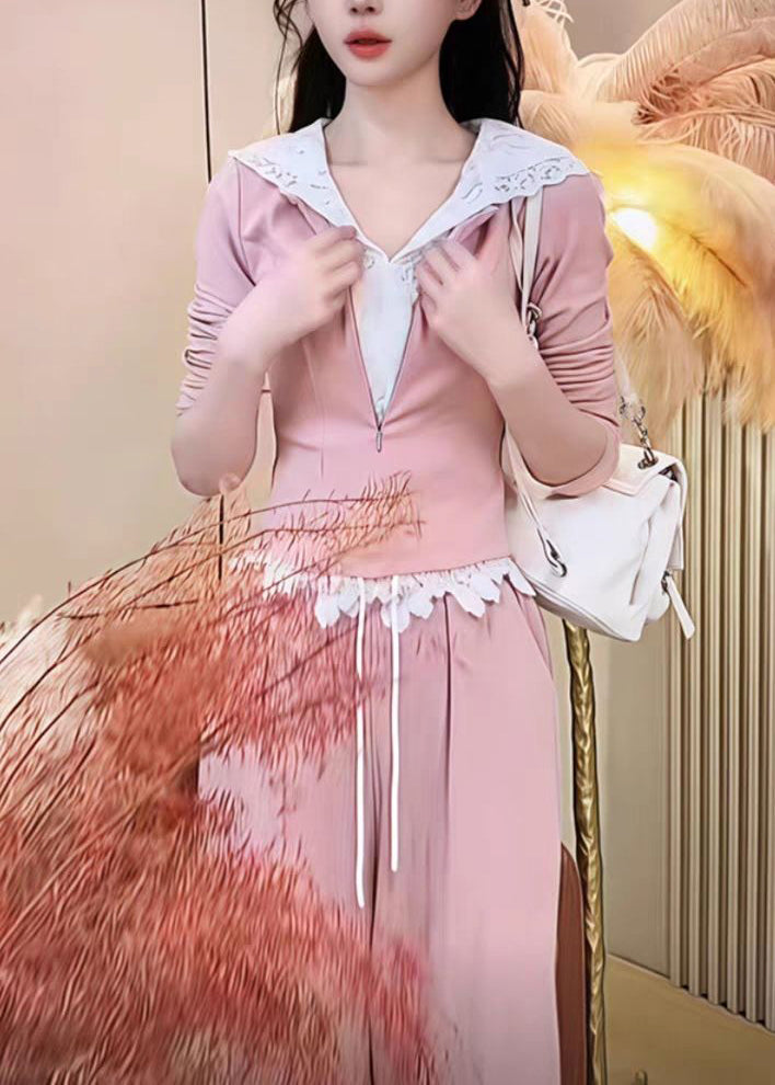 And Leg Wide Pants Two Pieces Hooded Fake Cute Sweatshirt Pink