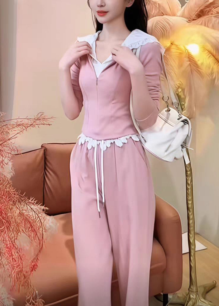 And Leg Wide Pants Two Pieces Hooded Fake Cute Sweatshirt Pink