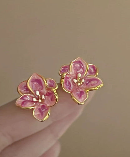 Cute Pink Metal Drip Glaze Floral Stud Earrings TX051