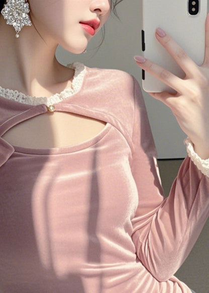 Cute Pink O-Neck Asymmetrical Silk Velour Tops Spring TO041