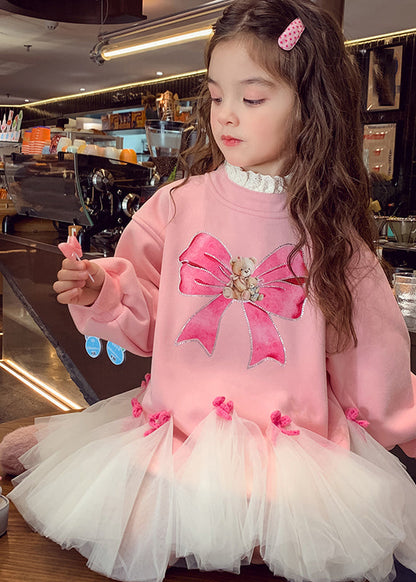 Cute Pink O-Neck Bow Tulle Patchwork Girls Maxi Dresses Spring TV030