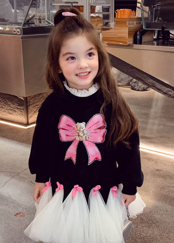 Cute Pink O-Neck Bow Tulle Patchwork Girls Maxi Dresses Spring TV030