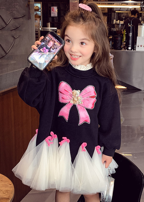 Cute Pink O-Neck Bow Tulle Patchwork Girls Maxi Dresses Spring TV030