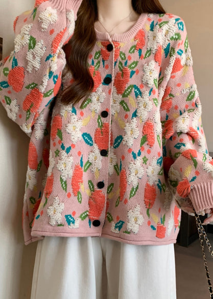 Cute Pink O Neck Jacquard Knit Loose Coat Winter RG028