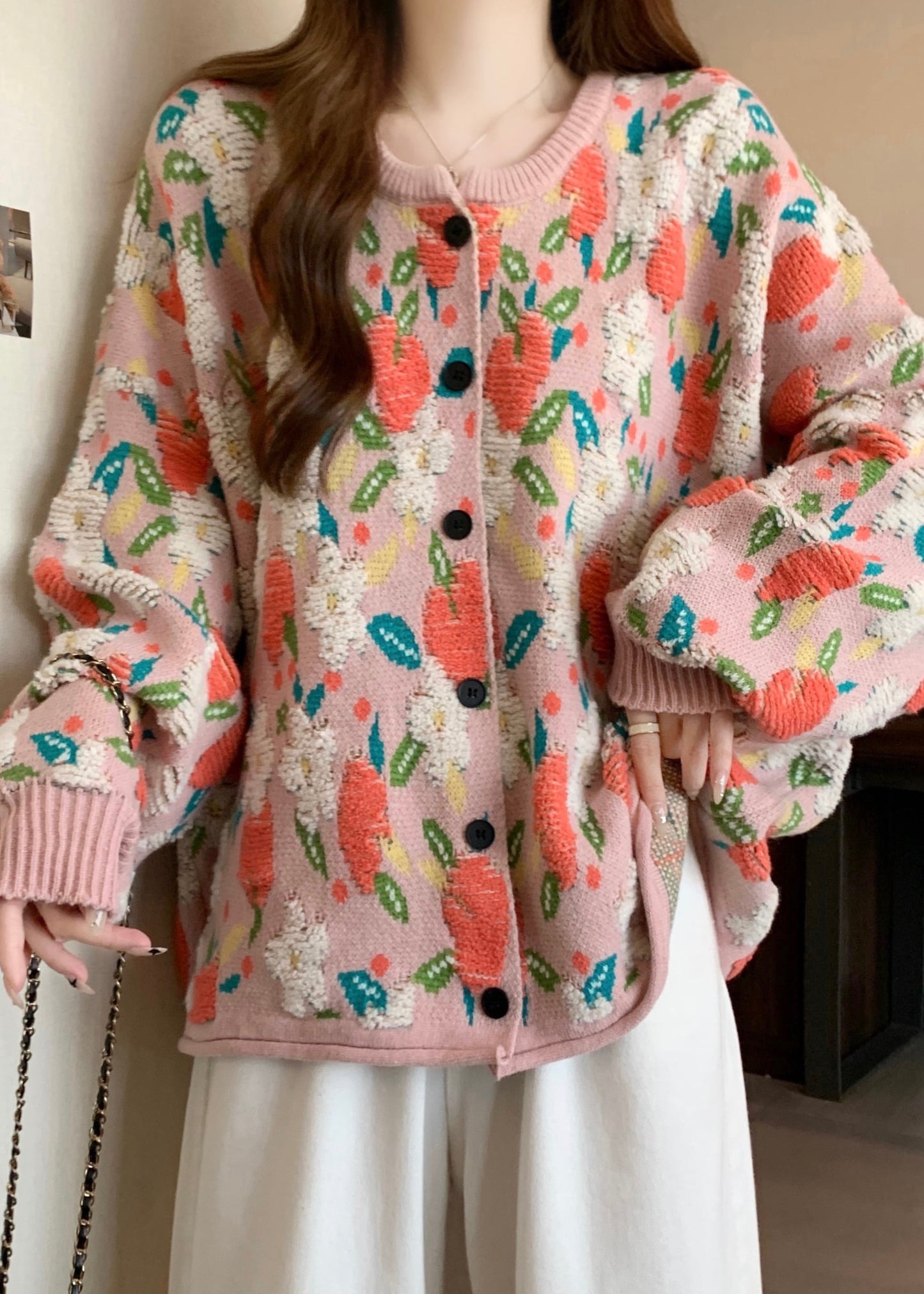 Cute Pink O Neck Jacquard Knit Loose Coat Winter RG028