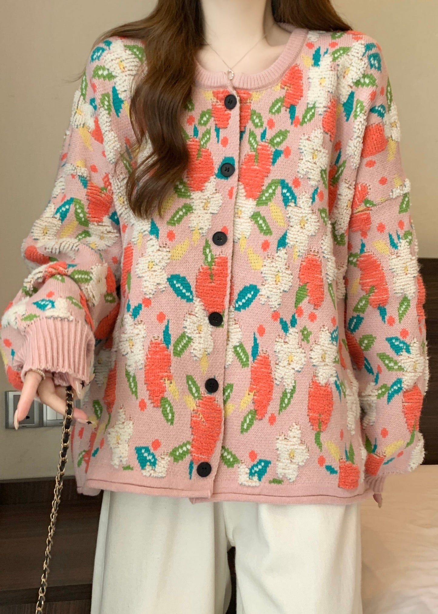 Cute Pink O Neck Jacquard Knit Loose Coat Winter RG028