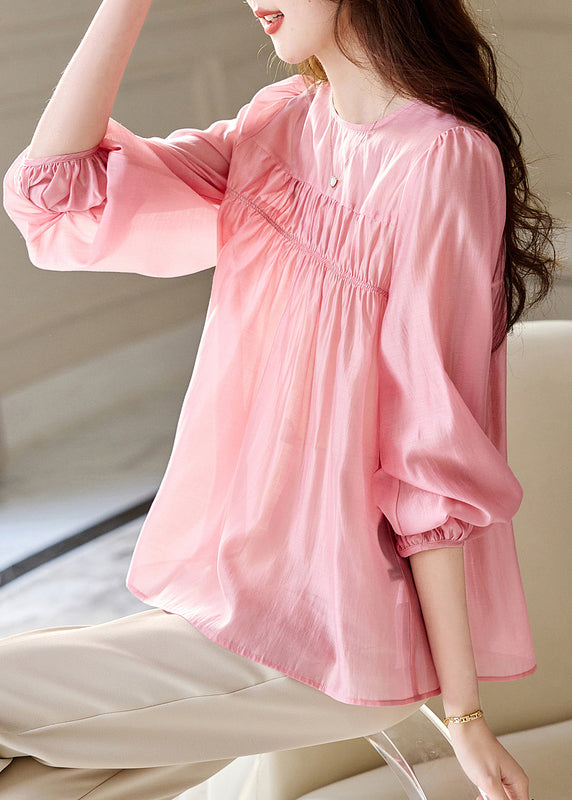 Cute Pink O-Neck Patchwork Silk Top Fall WW007