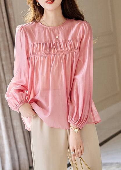 Cute Pink O-Neck Patchwork Silk Top Fall WW007