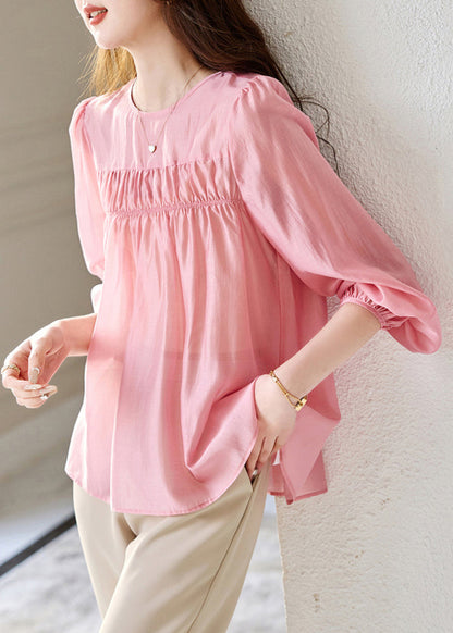 Cute Pink O-Neck Patchwork Silk Top Fall WW007