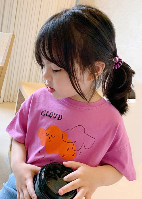 T-shirt d'été en coton imprimé rose à col rond pour fille YU1030