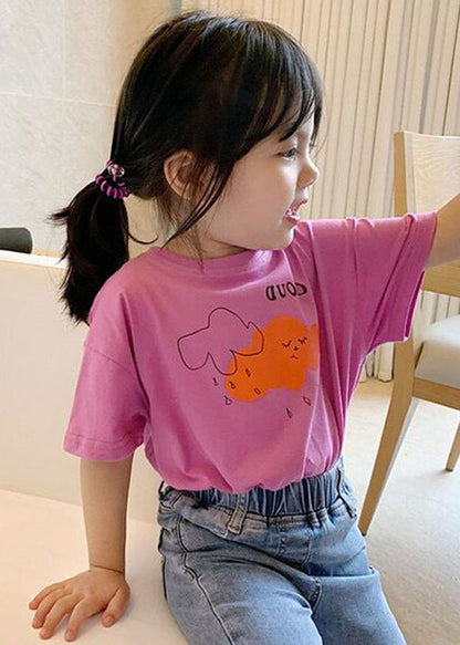 T-shirt d'été en coton imprimé rose à col rond pour fille YU1030