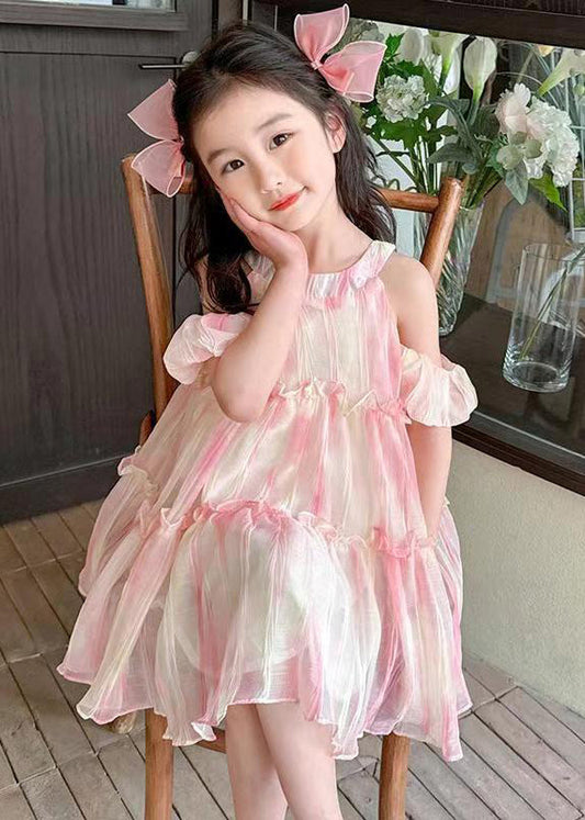 Süßes rosa O-Ausschnitt Rüschen Chiffon Mädchen Kleid Sommer EW062