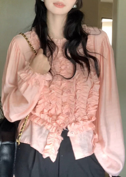 Cute Pink Chiffon Ruffled Lantern O-Neck Sleeve Top