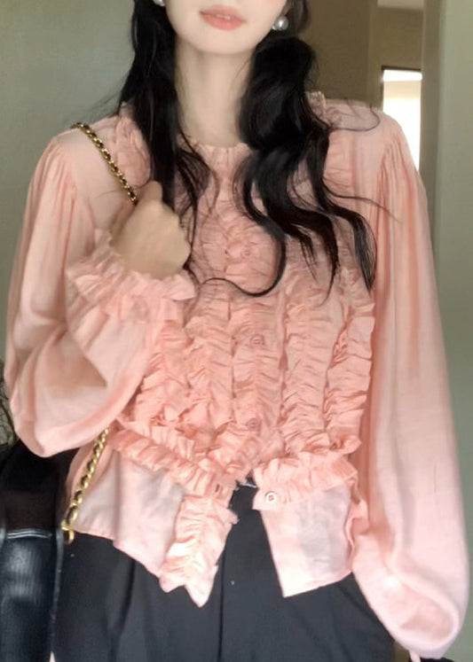 Cute Pink Chiffon Ruffled Lantern O-Neck Sleeve Top