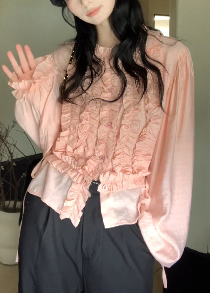 Cute Pink Chiffon Ruffled Lantern O-Neck Sleeve Top
