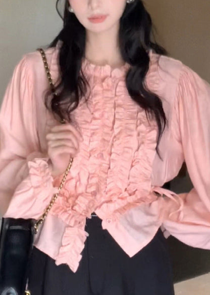 Cute Pink Chiffon Ruffled Lantern O-Neck Sleeve Top