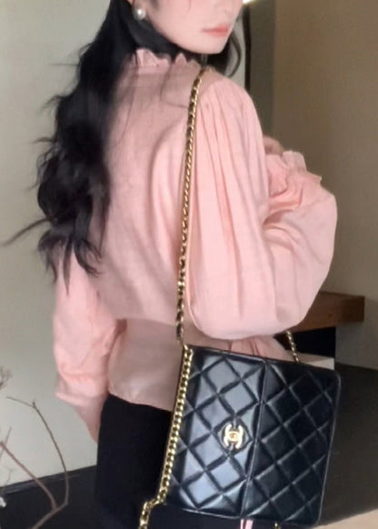 Cute Pink Chiffon Ruffled Lantern O-Neck Sleeve Top