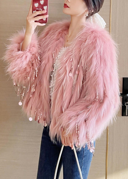 Cute Pink O-Neck Tassel Leather And Fur Coats Winter WZ021