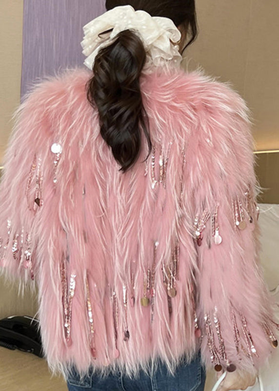 Cute Pink O-Neck Tassel Leather And Fur Coats Winter WZ021