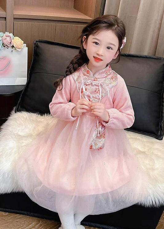 Cute Pink Patchwork Embroideried Tulle Kids Vacation Maxi Dresses Spring YE019