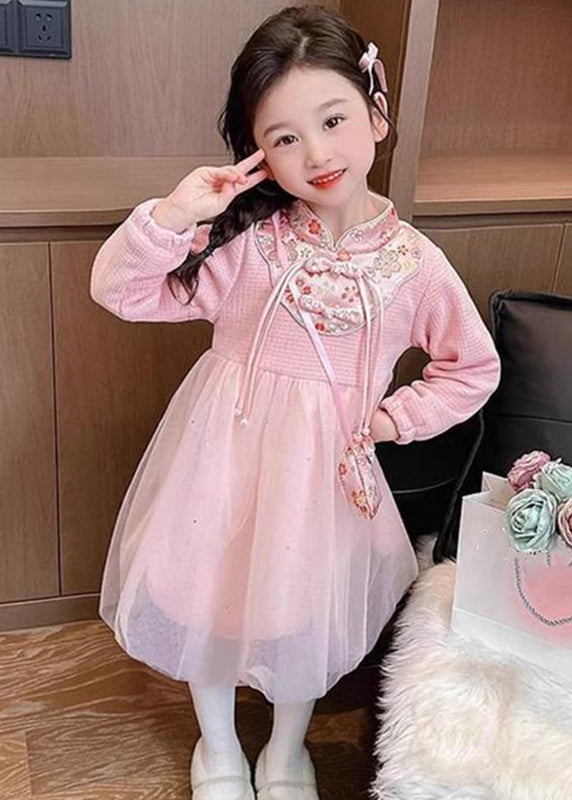 Cute Pink Patchwork Embroideried Tulle Kids Vacation Maxi Dresses Spring YE019