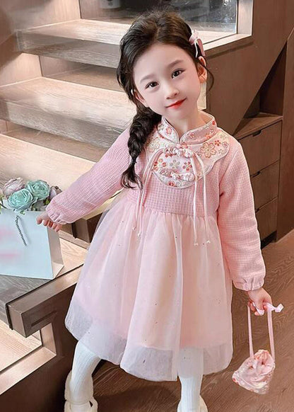 Cute Pink Patchwork Embroideried Tulle Kids Vacation Maxi Dresses Spring YE019