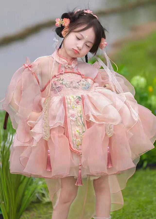 Kids Summer Long Dresses Maxi Patchwork Tulle Pink Cute Tassel