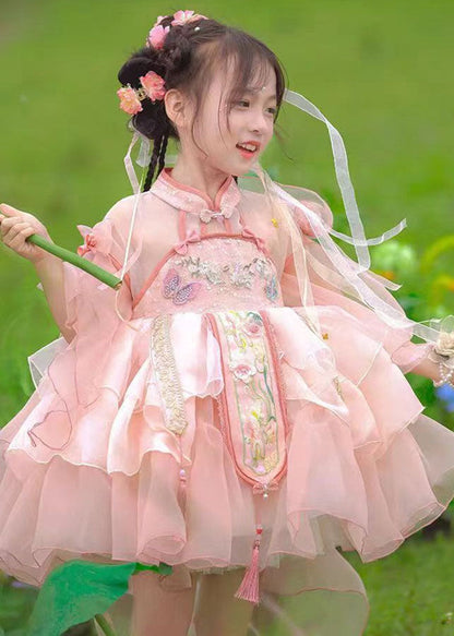 Kids Summer Long Dresses Maxi Patchwork Tulle Pink Cute Tassel