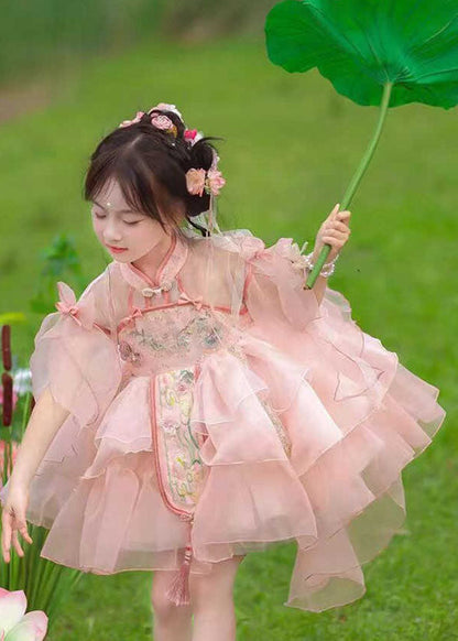Kids Summer Long Dresses Maxi Patchwork Tulle Pink Cute Tassel