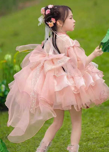 Kids Summer Long Dresses Maxi Patchwork Tulle Pink Cute Tassel