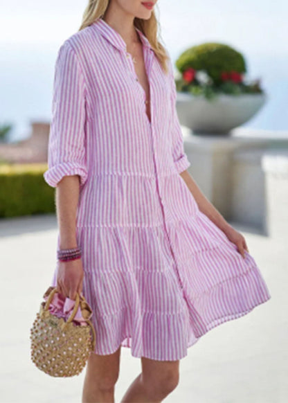 Collar Mid Sleeve Pan Dress Half Cute Peter Pink Button