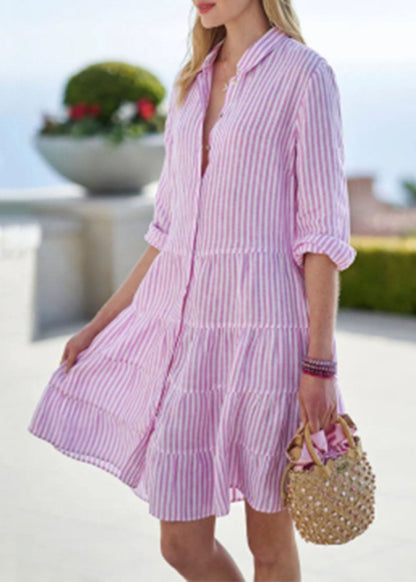 Collar Mid Sleeve Pan Dress Half Cute Peter Pink Button