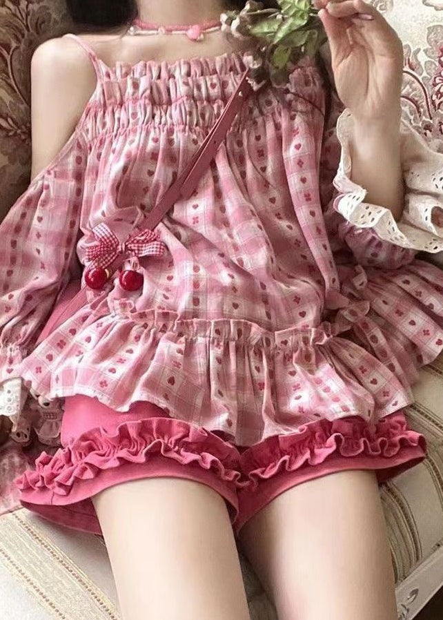 Ensemble deux pièces haut et short en patchwork imprimé à volants rose mignon pour l'été UU1006