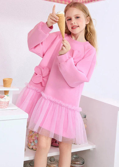 Cute Pink Ruffled Tulle Patchwork Floral Girls Holiday Long Dress Spring YE017