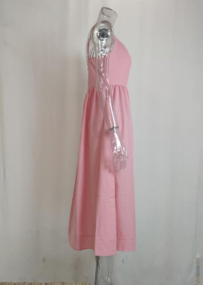 Süßes rosa Patchwork Maxi Spaghettiträgerkleid mit Schlitzausschnitt ärmellos ZL038