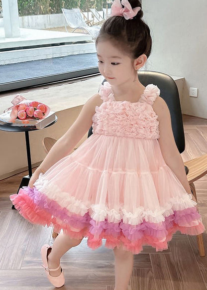 Süßes rosa Slash Neck Patchwork Tüll Kinder langes Kleid Sommer EW002