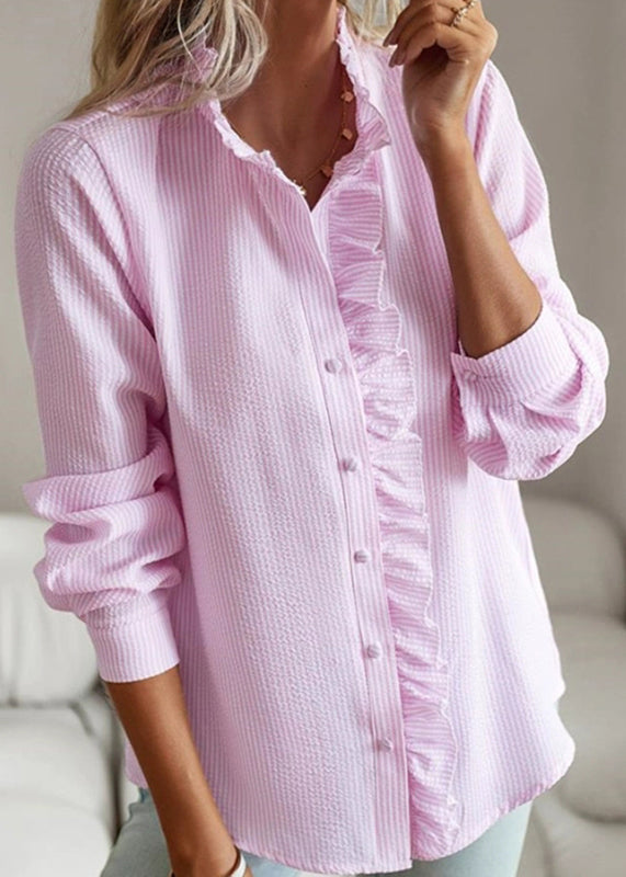 Button Stand Fall Collar Shirt Cute Pink