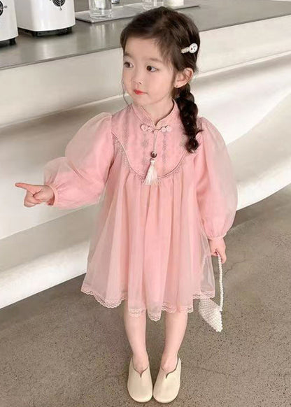 Süßes rosa Stehkragen Tüll Kinder Mädchen Kleid Langarm XZ057