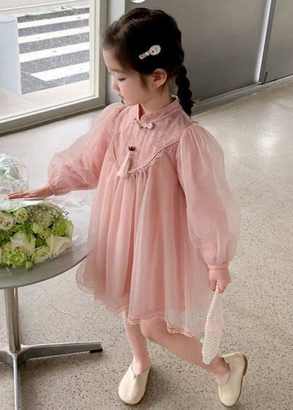 Süßes rosa Stehkragen Tüll Kinder Mädchen Kleid Langarm XZ057