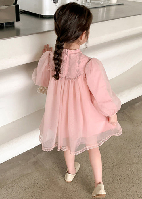 Süßes rosa Stehkragen Tüll Kinder Mädchen Kleid Langarm XZ057