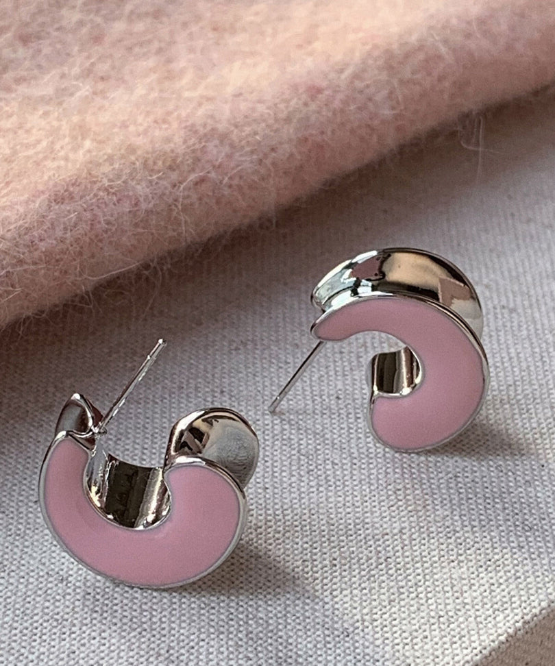 Cute Drip Sterling C-Shaped Glaze Pink Silver Earrings Hoop