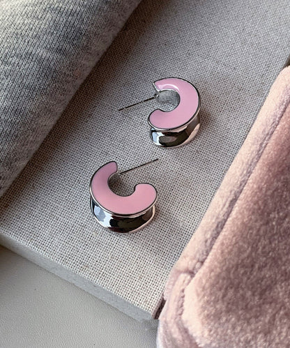 Cute Drip Sterling C-Shaped Glaze Pink Silver Earrings Hoop