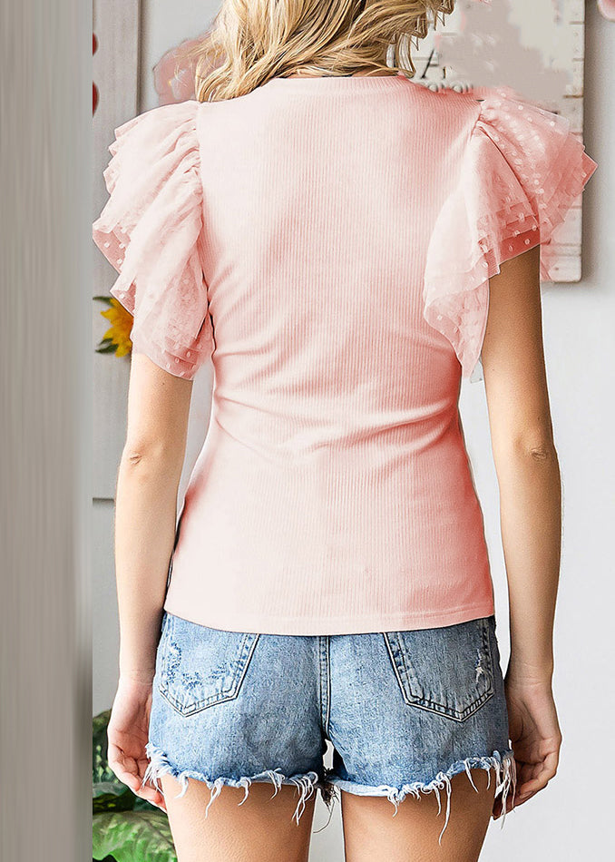 Tulle Knit Shirts T Pink Patchwork Cute Summer