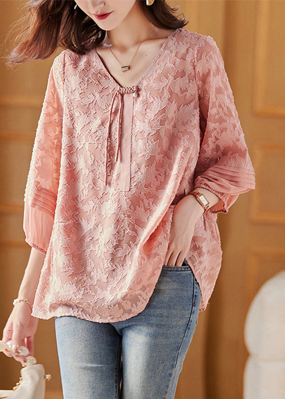 Cute Pink V Neck Chiffon Tops Bracelet Sleeve WW043