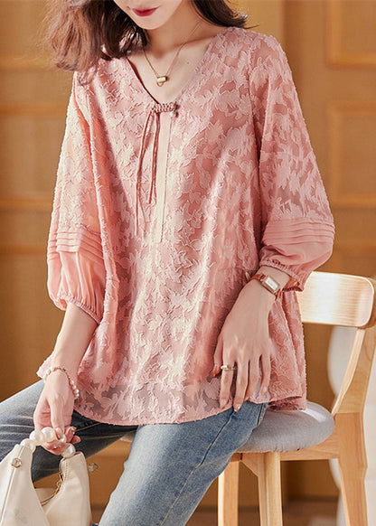 Cute Pink V Neck Chiffon Tops Bracelet Sleeve WW043