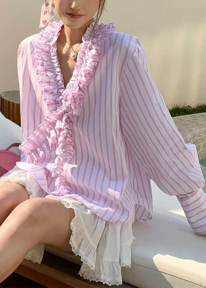 Pink Spring V Shirts Ruffled Cute Striped Neck