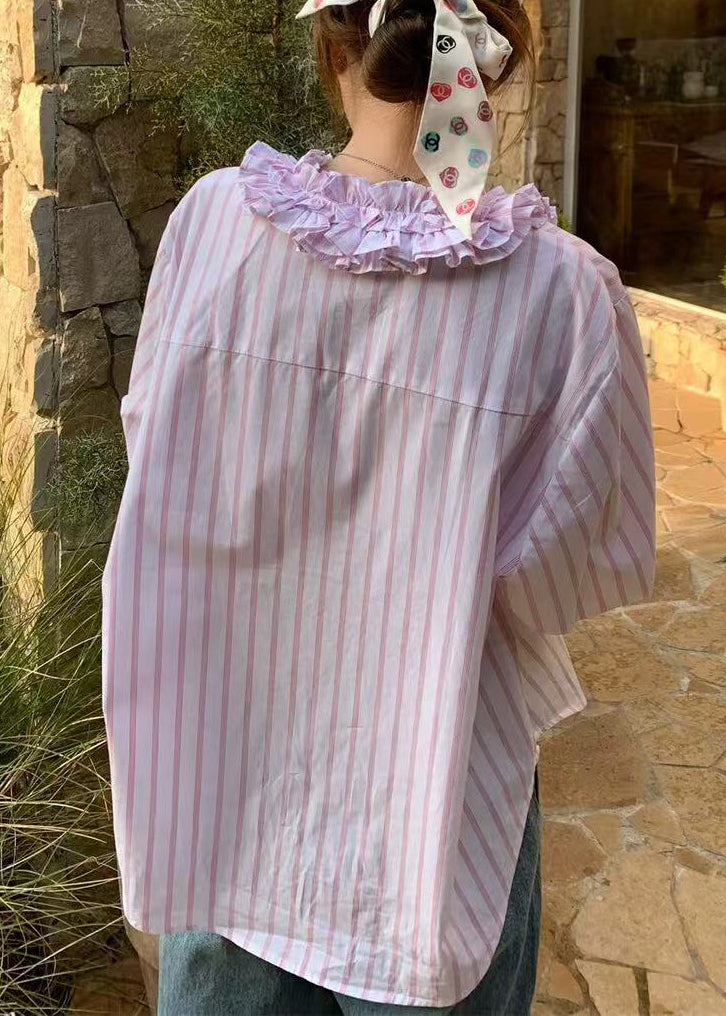 Pink Spring V Shirts Ruffled Cute Striped Neck