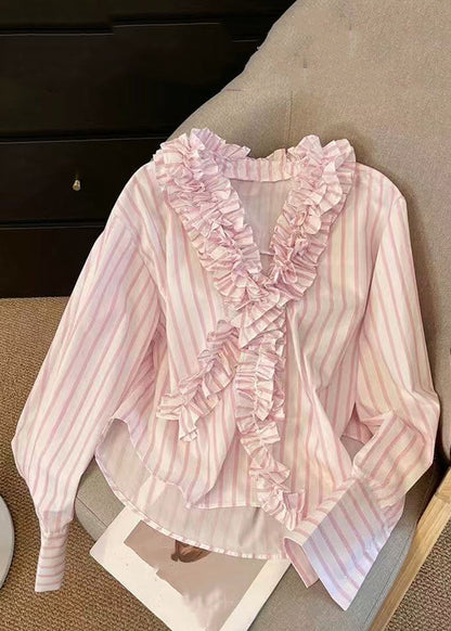 Pink Spring V Shirts Ruffled Cute Striped Neck