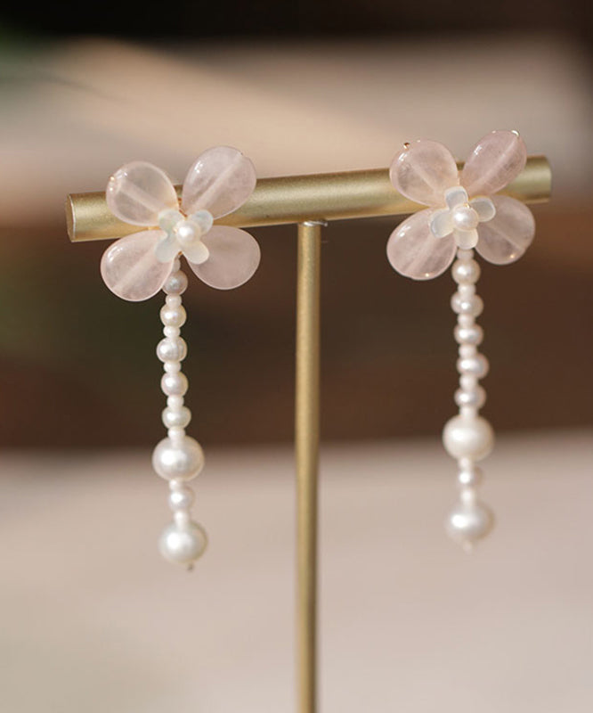 Cute Pink Weave Crystal Pearl Tassel Drop Earrings QI054