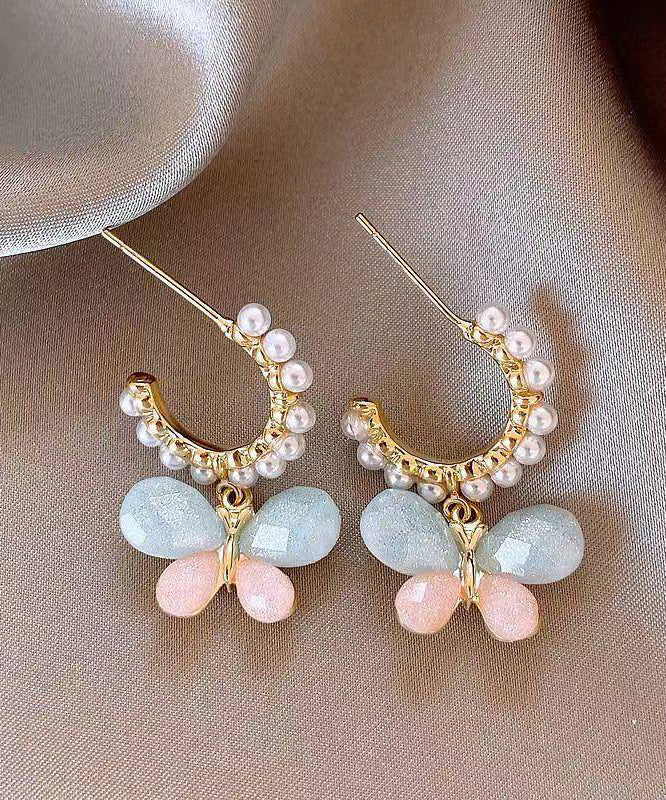 Rainbow Butterfly Hoop Cute Earrings Pearl Alloy